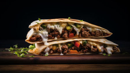 a savory beef quesadilla sits atop a rustic wooden board, isolated on a pristine white background, evoking a nostalgic cinematic feel reminiscent of 35mm film photography, with a subtle 5-degree angle of view that adds to its appetizing charm, perfect for food bloggers and culinary enthusiasts. ai generatedの素材