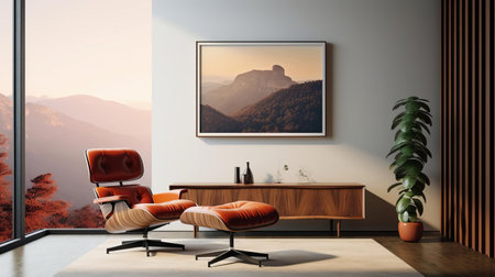 the glass frame, adorned with subtle ornamentation, sits elegantly on a minimalist mid-century modern side table, exuding sophistication and refinement, perfect for showcasing cherished memories in a stylish and understated way, blending seamlessly with any modern decor, while its sleek lines and simplicity evoke a sense of timeless elegance. ai generatedの素材