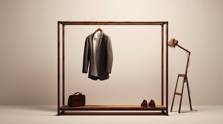the garment frame stands elegantly in a minimalist mid-century style room, its slender legs and simple silhouette evoking a sense of understated sophistication, with minimal decoration allowing the beauty of the surrounding space to shine, perfect for showcasing favorite pieces in a chic and modern home. ai generatedの素材