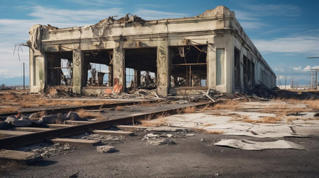 the abandoned train station stands eerily still, surrounded by a hauntingly beautiful environment reminiscent of a national geographic documentary, with its distressed materials and overgrown vegetation, captured in stunning 44mp uhd image quality, evoking the unsettling imagery style of brooke didonato, exuding a sense of realism and foreboding. ai generatedの素材