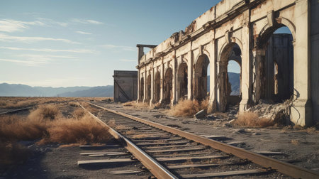 the abandoned train station stands as a haunting relic, surrounded by a mesmerizingly beautiful yet eerie environment, captured in stunning 44mp uhd image quality, reminiscent of a national geographic documentary, with superrealistic details and distressed materials that evoke an unsettling atmosphere, evoking the style of brooke didonato's photography. ai generatedの素材