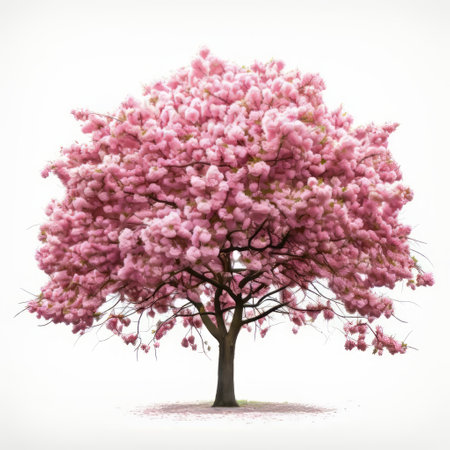 the cherry tree, with its lush green leaves and vibrant pink blossoms, stands tall against a pristine white background, showcasing its majestic beauty in this stunning section view, highlighting the intricate details of a single, full cherry tree in all its glory. ai generatedの素材