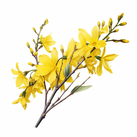 the forsythia, a vibrant yellow flowering shrub, is beautifully showcased in this stunning photo, featuring a single full bloom against a crisp white background, highlighting its delicate petals and intricate details, perfect for spring and garden enthusiasts. ai generatedの素材