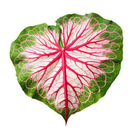 this stunning caladium showcases its vibrant, heart-shaped leaves with intricate patterns and veins in a beautiful section view, isolated on a pure white background, highlighting its unique beauty and making it a perfect subject for botanical photography and plant enthusiasts. ai generatedの素材