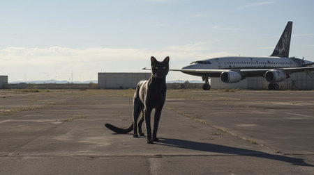 the abandoned airport, shrouded in mystery, stands as a haunting testament to the passage of time, its crumbling facade and overgrown surroundings eerily juxtaposed with the sleek, black cats that roam freely, evoking a sense of foreboding, as if plucked straight from a national geographic documentary, in this stunning 44mp uhd image. ai generatedの素材