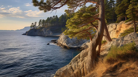 the majestic fjord on the rocky shore of hestiasula head, qatar, stands amidst the serene law archipelago, surrounded by towering pine trees near the law house in northern finland, bathed in warm light on top, as the rough sea with big waves crashes against the rocky beach, creating an amazing seascape. ai generatedの素材