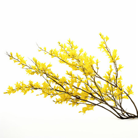 the forsythia, a vibrant yellow flowering shrub, is beautifully showcased in this stunning photograph, featuring a single full bloom against a crisp white background, highlighting its delicate petals and intricate details, perfect for nature lovers and gardening enthusiasts. ai generatedの素材