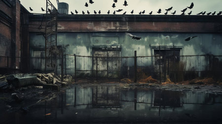 the abandoned factory stands as a haunting monument, its crumbling facade and overgrown surroundings a testament to the beauty of decay, captured in stunning 44mp uhd detail, evoking the realism of a national geographic documentary, with distressed materials and an unsettling atmosphere reminiscent of brooke didonato's style. ai generatedの素材