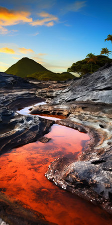 antigua and barbuda, a caribbean island nation, boasts a breathtaking landscape of arid terrain and bubbling lava pools, captured in stunning detail through the lens of a hasselblad 6h camera, showcasing the island's unforgiving yet mesmerizing beauty in a super-detailed, unusual perspective, illuminated by natural and cinematic lighting, evoking an octane rendering effect. ai generatedの素材