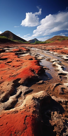 antigua and barbuda, a caribbean island nation, showcases a breathtaking landscape of arid land and bubbling lava pools, captured in stunning detail through the lens of a hasselblad 6h camera, utilizing professional nature photography techniques, unique perspectives, and cinematic lighting, evoking an otherworldly atmosphere reminiscent of octane rendering. ai generatedの素材