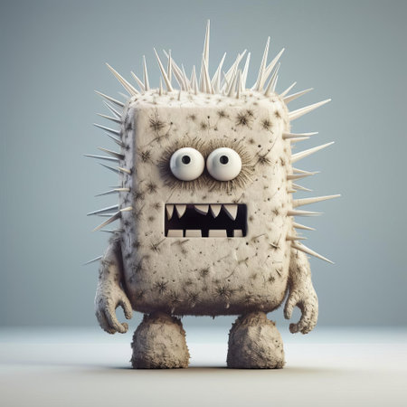 the monster figurine, reminiscent of evgeni gordiets' and clemens ascher's inventive character designs, stands proudly on a white isolated background, showcasing its intricately detailed, spiky mounds and concrete-inspired features in a stunning close-up, full-body shot, highlighting the artist's mastery of fantastical creature design. ai generatedの素材