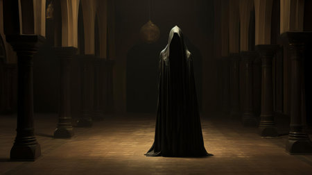 saudi arabia's eerie atmosphere is captured in this haunting photograph, where a mysterious figure lurks around the corner at the end of a dimly lit hall, its ambiguous form shrouded in darkness, evoking feelings of unease and foreboding, reminiscent of a middle eastern thriller. ai generatedの素材