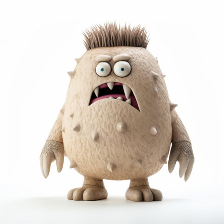 the monster figurine, reminiscent of evgeni gordiets' and clemens ascher's inventive character designs, stands proudly on a white isolated background, showcasing its intricately detailed, spiky mounds and concrete-inspired texture in a stunning close-up, full-body shot, highlighting the artist's mastery of fantastical creature design. ai generatedの素材