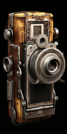 the camera, a vintage model with a realistic design, sits straight and proud in a front view, showcasing its intricate details against a rustic backdrop of old, damaged bars made of rich maple wood, evoking a sense of nostalgia and aged elegance. ai generatedの素材