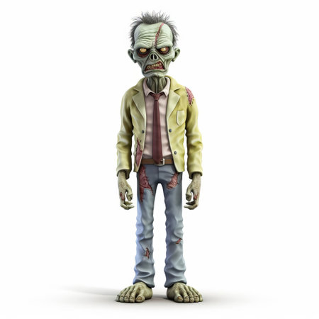 the zombie, a minimalist 3d character, stands upright in a full-body pose on a pristine white isolated background, showcasing its eerie undead features and tattered clothing, perfect for horror-themed designs, video games, and animations, with a focus on simplicity and versatility. ai generatedの素材