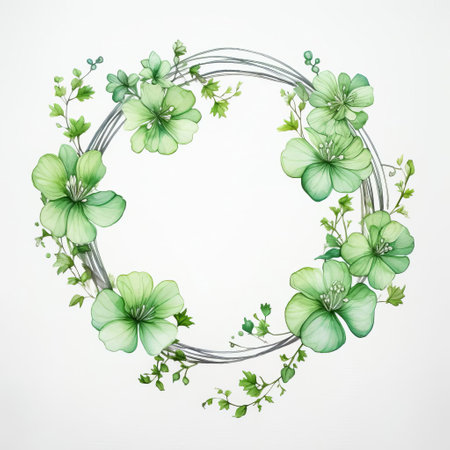the geranium wreath, delicately illustrated in gothic watercolor line art style, takes center stage against a crisp white backdrop, its soft green hues evoking a sense of elegance and sophistication, perfect for nature-inspired home decor, botanical art, and minimalist design enthusiasts. ai generatedの素材