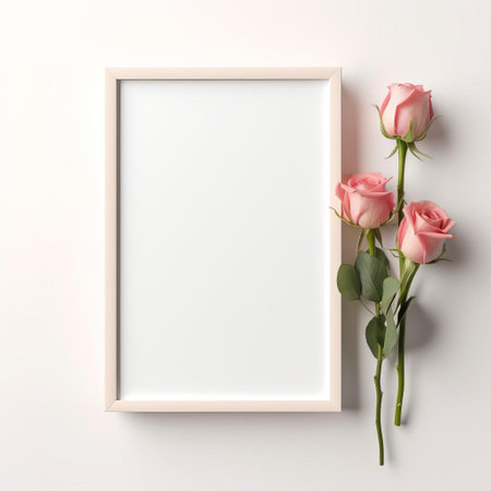 the picture frame, a beautifully designed 5x7 rose-themed mockup, sits elegantly on a plain white background, awaiting your favorite memories to be inserted, perfect for photographers, crafters, and designers to showcase their work, featuring a romantic floral pattern and a classic rectangular shape. ai generatedの素材