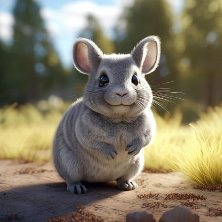 a chinchilla stands confidently in a dynamic pose, its soft, thick fur and whiskers meticulously detailed in this ultra-sharp, hyper-realistic photograph, showcasing its full body in a wide-angle shot with high contrast, definition, and depth of field, perfect for wildlife and animal enthusiasts. ai generatedの素材