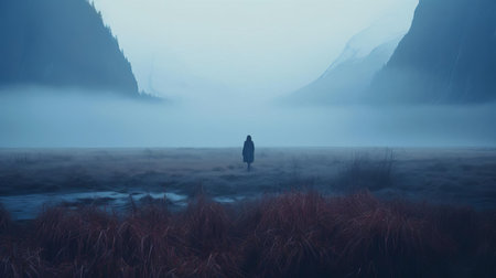 megan walks alone through the misty autumn grass on a chilly morning, surrounded by the silhouettes of tall trees in the distance, with a distant glacier looming in front, capturing the essence of a serene and mystical atmosphere in this lo-fi, instamatic-inspired photograph, evoking feelings of coldness and solitude. ai generatedの素材