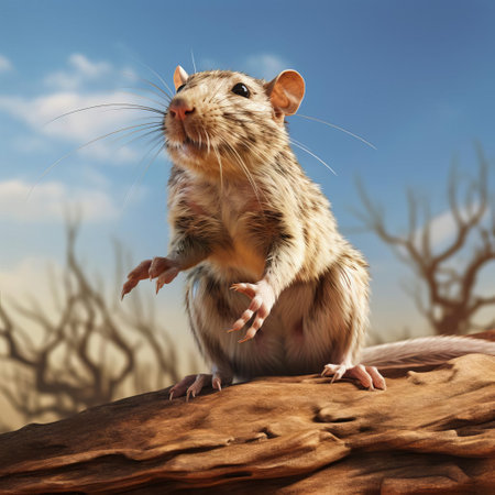 the gambian pouched rat stands proudly on the forest floor, its vibrant fur and twitching whiskers captured in stunning ultra-sharp detail, showcasing its unique features and dynamic pose, set against a blurred background that emphasizes its textured fur and curious nature, perfect for wildlife enthusiasts and rodent lovers. ai generatedの素材