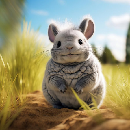 this chinchilla stands proudly in a dynamic pose, its soft, thick fur and twitching whiskers captured in stunning ultra-sharp detail, set against a blurred background that accentuates its hyper-realistic features, showcasing its full body in a wide-angle shot with exceptional depth of field and contrast. ai generatedの素材