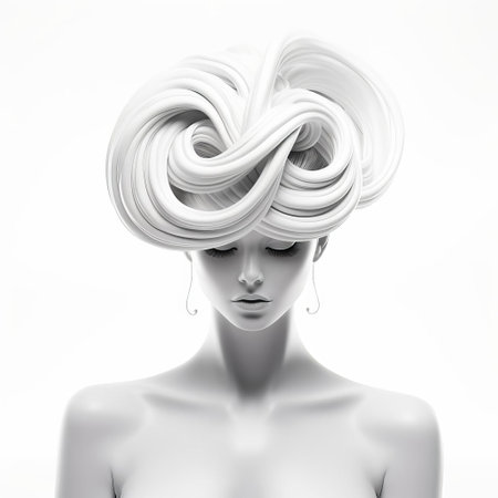 the woman's 3d model showcases a stunning twisted updo hairstyle, elegantly styled and perfectly posed on a clean white isolated background, ideal for beauty, fashion, and hairstyle inspiration, with a futuristic and modern twist, perfect for advertising and commercial use. ai generatedの素材