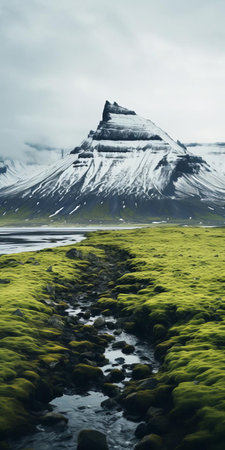 mountainous landscape unfolds with a nordic twist, featuring a bourke of vibrant green sand, a serene oasis, and snow-capped mountains rising majestically in the background, all set against a dramatic, cinematic sky. ai generatedの素材
