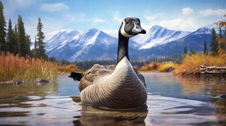 the canada goose, with its striking white patches on its forehead, stands majestically in a serene wetland, its brown feathers glistening in the soft sunlight, showcasing its natural elegance and beauty, a true marvel of canadian wildlife and nature photography. ai generatedの素材