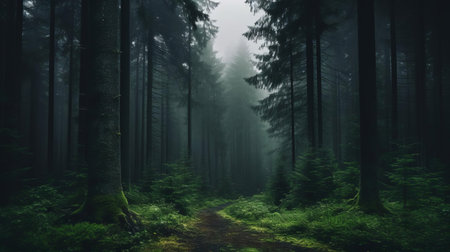 the european forest, shrouded in mist and mystery, stands tall with its majestic deciduous trees and towering firs, their leafy canopies a vibrant green, glistening with raindrops, as the tops of the trees stretch towards the grey sky, evoking a sense of enchantment and wonder. ai generatedの素材