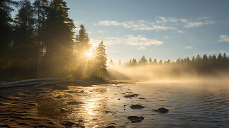 the boreal forest, shrouded in mist at dawn, frames a serene beach scene where the soft sun rays struggle to penetrate the fog, creating an otherworldly ambiance. in the distance, a futuristic artificial intelligence drone flies effortlessly, its powerful searchlight cutting through the mist, illuminating the path ahead, blending technology and nature in perfect harmony. ai generatedの素材