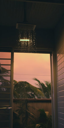 the showers scenery unfolds beneath the warm evening glow, captured in stunning photorealistic detail through the 35mm lens, evoking a sense of nostalgia reminiscent of kodak film, now reborn in breathtaking 4k resolution, transporting viewers to a serene and idyllic atmosphere. ai generatedの素材