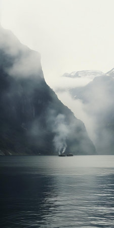 the majestic waterfall, surrounded by the serene fjord and shrouded in a mystical smoke, is captured in this high-definition wide shot of the sound, showcasing the raw power and beauty of nature, perfect for wallpaper or print, evoking feelings of tranquility and awe. ai generatedの素材