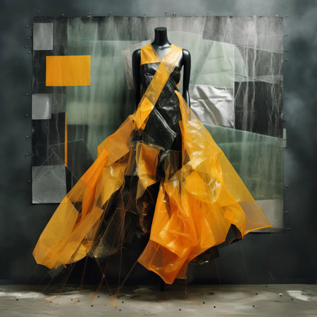 fashion photographer mario sorrenti's striking clothing image showcases contrasting geometries, blending mixed media art with distressed color photocopy elements, undergoing a polished metamorphosis, and radiating a mesmerizing glowing citrine pearlescent effect, exuding avant-garde style and futuristic charm. ai generatedの素材
