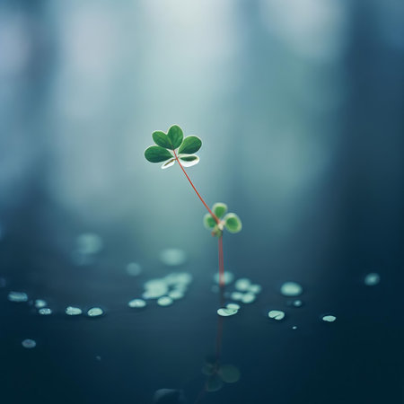 the clover stands out against a dark blue wall, its delicate petals and leaves softly illuminated by the gentle, natural evening light, capturing the essence of a serene summer moment in this dreamy, analog photograph with a beautiful film grain texture. ai generatedの素材