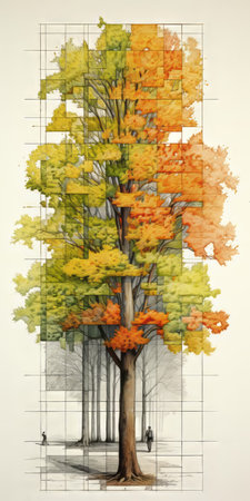the european hornbeam tree stands majestically in a vibrant field, illuminated by contrasting chiaroscuro in this striking illustration, divided into large squares, showcasing the artist's careless yet captivating style with angular figures, meticulously drawn in pencil and colored, boasting an impressive 8k resolution. ai generatedの素材