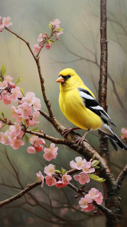 the american goldfinch, with its vibrant yellow feathers and black wings, perches elegantly on a branch, surrounded by lush green foliage, showcasing its striking plumage in a serene landscape, perfect for nature enthusiasts and birdwatchers alike, highlighting the beauty of north american wildlife. ai generatedの素材