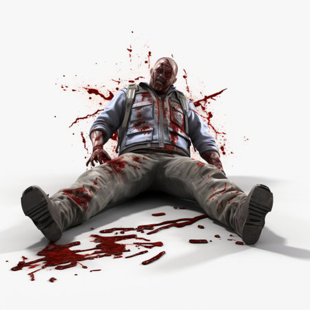 a gruesome crime scene unfolds with a 3d zombie standing upright, its full body ravaged by decay, set against a stark white background, evoking a sense of eerie foreboding, perfect for fans of horror games and apocalyptic scenarios. ai generatedの素材