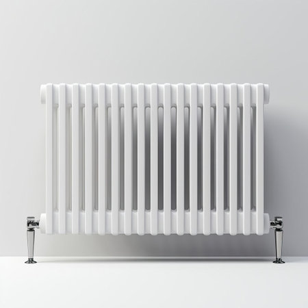 the radiator, showcased in stunning 8k ultra-high definition, sits against a pristine white background, its front and back parts meticulously rendered in hyper-realistic detail, capturing every nuance and texture, as if photographed at iso 200, perfect for designers and visual artists seeking realistic heating system elements. ai generatedの素材