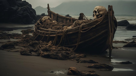 a barrow wight emerges from a decaying shipwreck on a desolate beach, surrounded by crashing waves, evoking a sense of eerie mystery and ancient power, perfect for fantasy and horror enthusiasts, with a haunting atmosphere reminiscent of j.r.r. tolkien's middle-earth. ai generatedの素材