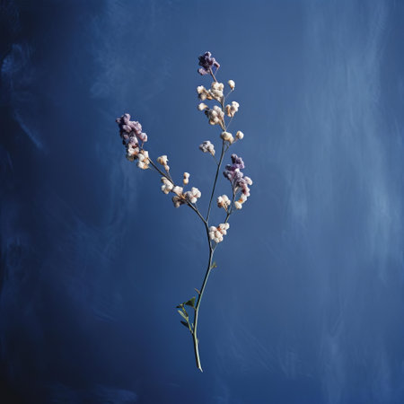 the statice stands out against a dark blue wall, its delicate petals and stems captured in a dreamy, soft focus in this blurry analog photograph, evoking a nostalgic analog vibe with prominent film grain, bathed in the warm, natural evening light. ai generatedの素材