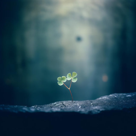 the clover stands out against a dark blue wall, its delicate petals and leaves softly illuminated by the warm, natural evening light, capturing the essence of a serene summer moment in this dreamy, film-grained, analog photograph. ai generatedの素材