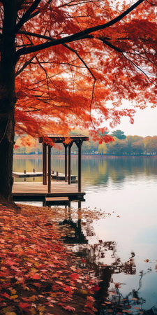 lake scenery unfolds with tranquil charm, surrounded by vibrant cherry trees ablaze with autumn hues of red, orange, and yellow, mirrored in the lake's glassy surface, evoking a sense of serene solitude, perfect as a high-resolution 16k phone wallpaper. ai generatedの素材