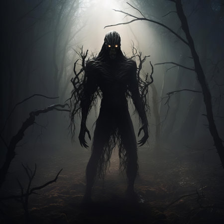 the dark entity, born from the depths of nightmares, emerges as a twisted, shadowy figure with glowing red eyes, its presence exuding an aura of malevolent terror, as if conjured from the darkest corners of the human psyche, where fear and darkness reign supreme. ai generatedの素材