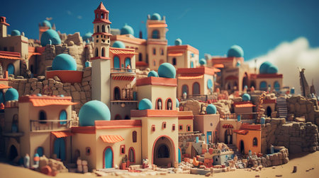 the casbah, reminiscent of a studio ghibli fantasy, stands majestically with its smooth rubber-like texture, as if brought to life from a whimsical dream, set against a bright baby cyan background that evokes a sense of serenity, with a tilt-shift photography effect and ambient occlusion adding depth and dimensionality. ai generatedの素材
