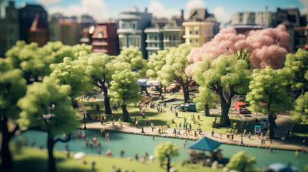 lincoln park, reminiscent of a studio ghibli illustration, is reimagined with a smooth rubber material texture, showcasing vibrant hues against a bright baby cyan background, while tilt-shift photography and ambient occlusion techniques add depth and whimsy to this fantastical urban landscape scene. ai generatedの素材