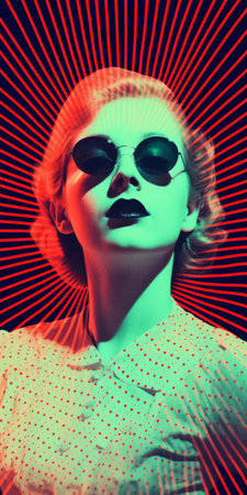 the starlet, a 1850s beauty, lounges in a stunning minimalist portrait, set against a mesmerizing backdrop of faded orthonormal coordinate systems comprising 8-bit dots and 8-bit colors, evoking the opulence of art deco and the mystique of vanished light lithography, with light halftone dots adding depth to this ever-moving anaglyphic kaleidoscopic aesthetic, blending minimalism with psychedelic art. ai generatedの素材