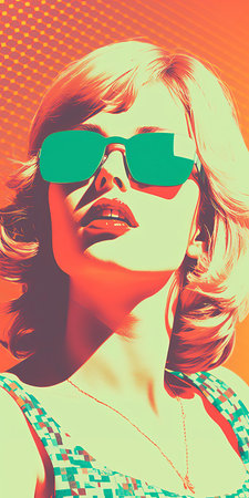 the 1970s starlet, bathed in a kaleidoscopic aura, sunbathes serenely in this minimalist portrait, set against a mesmerizing backdrop of light faded orthonormal coordinate system of 8-bit dots and 8-bit colors, evoking the hypnotic essence of op art and vanished light lithography, with light halftone dots adding a touch of psychedelic flair. ai generatedの素材