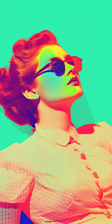 the starlet, bathed in soft, faded light, reclines in a minimalist portrait reminiscent of the 1880s, set against a mesmerizing background of 8-bit dots and colors, evoking a sense of photorealism and vanished light lithography, with light halftone dots and an anaglyphic kaleidoscopic aesthetic that blends minimalism with psychedelic art. ai generatedの素材