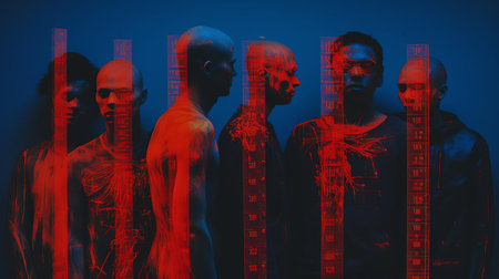 the insulted junkie stands amidst 4 dark figures, surrounded by a dirty pool, in this highly detailed 4k realistic photo, reminiscent of 90's alternative culture and shoegaze vibes, with a sapphire blue flare and glowing neon accents, evoking a sense of ooze and decay, as if captured on a polaroid film with a vector-like quality. ai generatedの素材