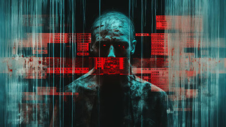 a bitter junkie stands amidst 4 dark figures in a dirty pool hall, surrounded by the eerie glow of neon lights, in this highly detailed 4k realistic photo reminiscent of 90's alternative culture and shoegaze vibes, with a polaroid film aesthetic and a hint of x-ray flair. ai generatedの素材